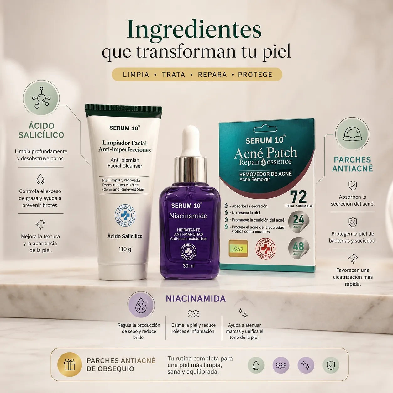 Kit Anti-Acné Serum 10 ⭐ La rutina completa para una piel más limpia, uniforme y libre de imperfecciones.