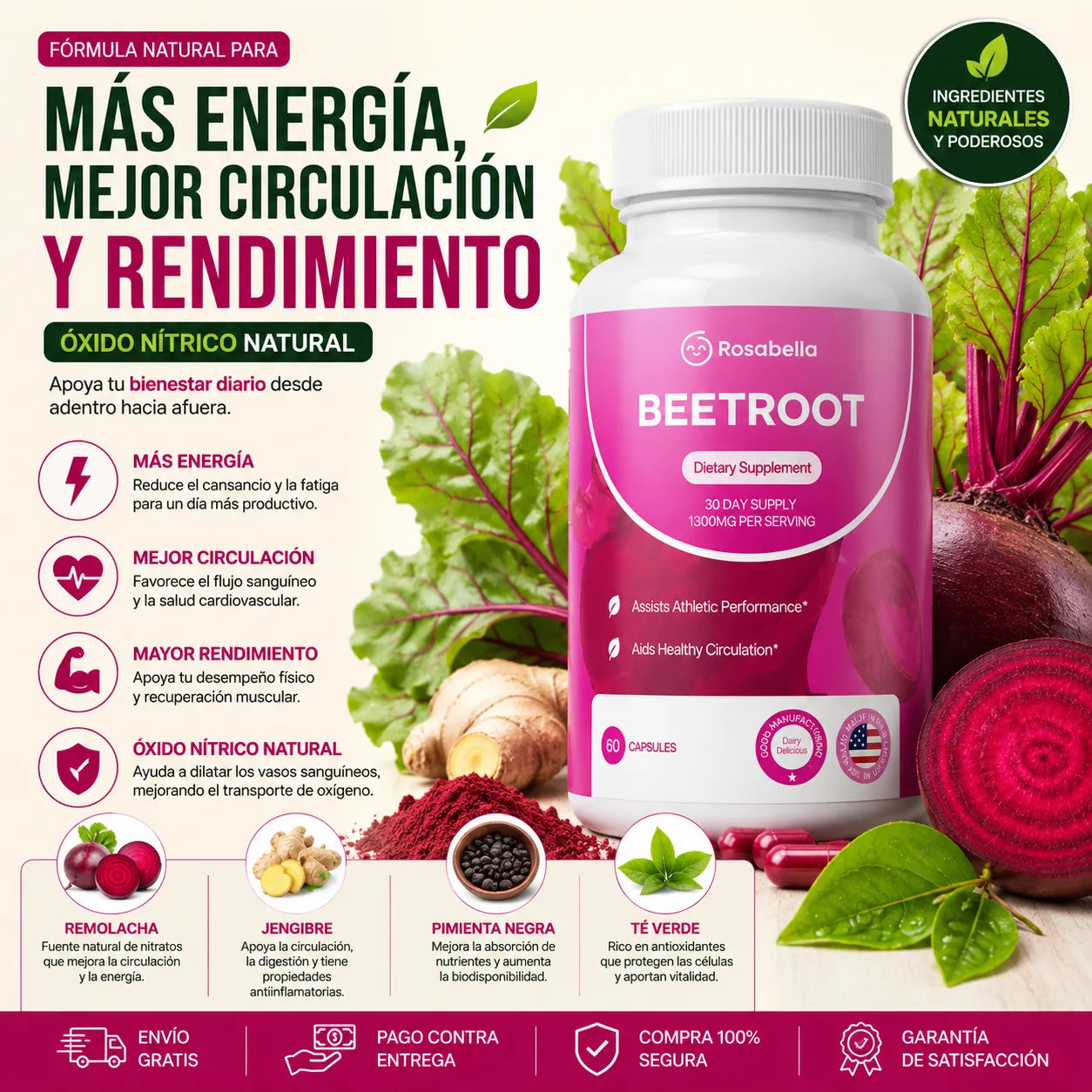Beetroot Rosabella – Energía, Circulación & Rendimiento (60 cápsulas, 1300mg)
