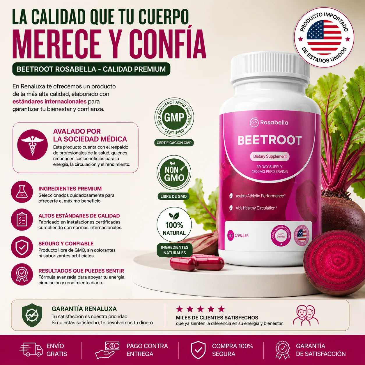 Beetroot Rosabella – Energía, Circulación & Rendimiento (60 cápsulas, 1300mg)